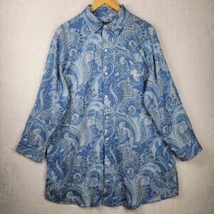 Ralph Lauren XL Long Sleeve Button Blue Paisley Sleep Shirt Dress Night Gown